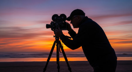 Silhouette of a man with a camera on a tripod at sunsetの素材