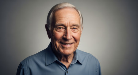 Portrait of a happy senior man smiling at the camera on gray backgroundの素材