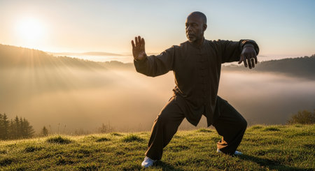 African american man practicing kung fu on top of the mountain during sunriseの素材