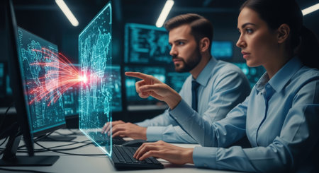 Attractive businesswoman and handsome businessman in formal wear working together on computer while sitting at table in officeの素材