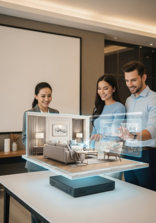 smiling real estate agent showing model of house to couple in officeの素材