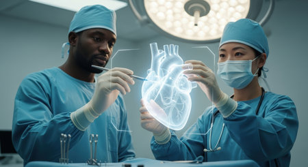 two veterinarian surgeons in operating room take with art lighting and blue filterの素材