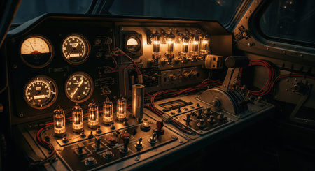 A close-up of a vintage control panel, featuring glowing gauges, vacuum tubes, switches, and levers. The warm lighting creates a nostalgic, industrial aesthetic.の素材