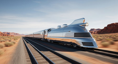 A sleek, chrome train races across a desert landscape under a clear blue sky. The art deco-inspired design of the train is highly reflective, mirroring the environment.の素材