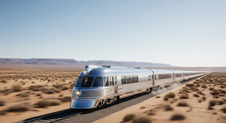 A streamlined silver train races across a vast desert landscape. The train's polished exterior reflects the bright sunlight. The composition emphasizes speed and travel.の素材
