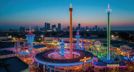 Aerial view of Tivoli Gardens at night, illuminated with vibrant neon lights, set against a backdrop of the city skyline at dusk.の素材