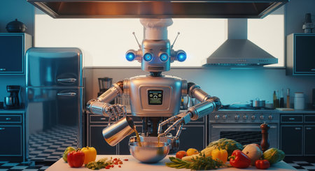 Silver robot chef in a retro kitchen pours liquid into a bowl surrounded by fresh vegetables, creating a futuristic cooking scene with a blend of vintage and modern elements.の素材