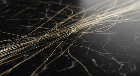Golden threads on a black marble background. 3d render illustration.の素材