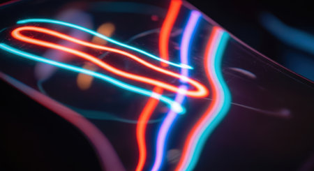 Abstract blue and red neon lines on black background. Close up.の素材