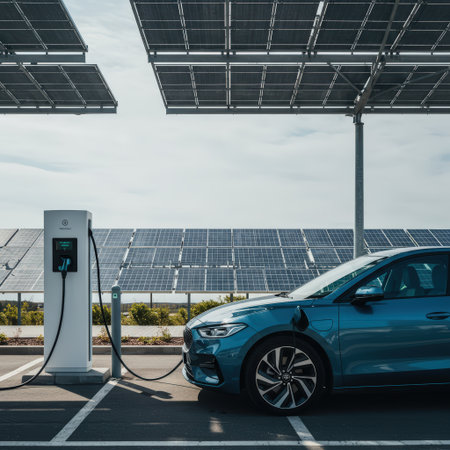 Electric car charging at solar power station with solar panels in background.の素材