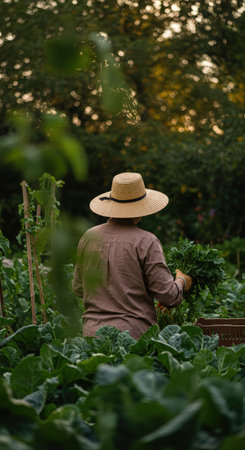 Back view of a farmer working in his vegetable garden. Selective focus.の素材