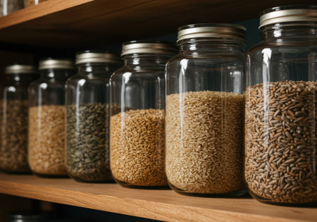 Glass jars with different grains on wooden shelves in pantry, closeupの素材