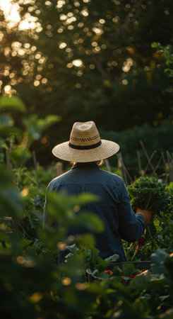 Rear view of a young woman in a straw hat standing with a basket full of vegetables in the garden at sunsetの素材