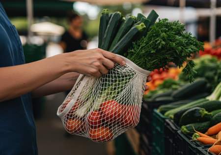 cropped shot of woman holding shopping bag with fresh vegetables at marketの素材