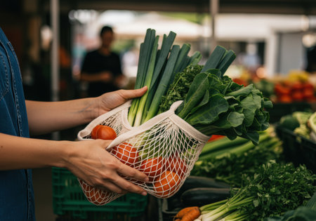 Woman holding a shopping bag with fresh vegetables at the farmers market.の素材