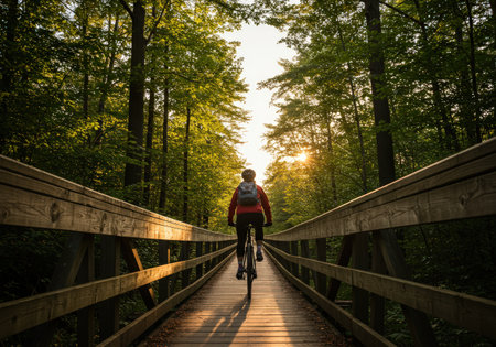 Cyclist riding on a wooden bridge in the forest at sunsetの素材