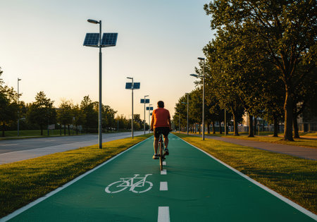 Cyclist riding a bicycle on a bike path in a parkの素材