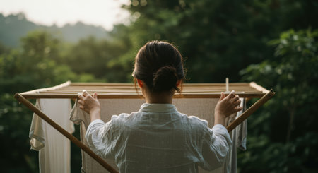 Rear view of a young woman relaxing on a hammock in the gardenの素材