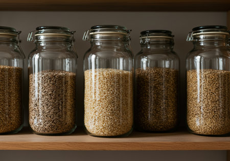Different types of grains in glass jars on a shelf in the kitchenの素材