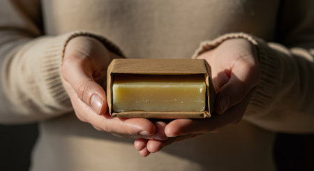 Female hands holding a box of soap on a dark background, close-upの素材