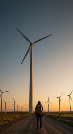 Woman standing on the road with wind turbines in the background at sunsetの素材