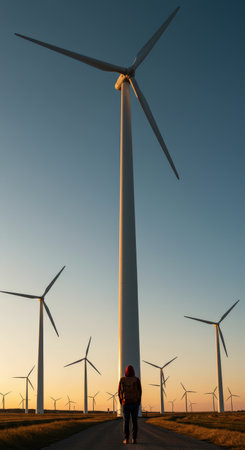 An image of windturbine generator farm in the countryside at sunsetの素材