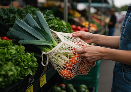 cropped view of woman holding string bag with fresh vegetables in supermarketの素材