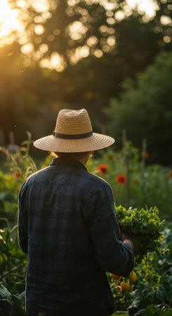 Rear view of a young man working in the garden at sunsetの素材