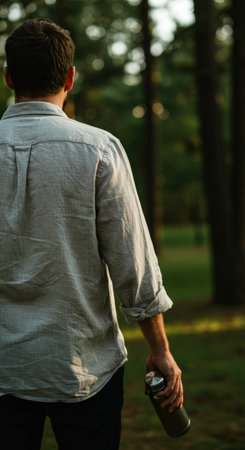 Rear view of young man holding bottle of water in the parkの素材