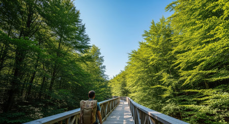 A man with a backpack walks on a wooden bridge through a vibrant green forest under a clear blue sky, showcasing nature, travel, and outdoor adventure.の素材