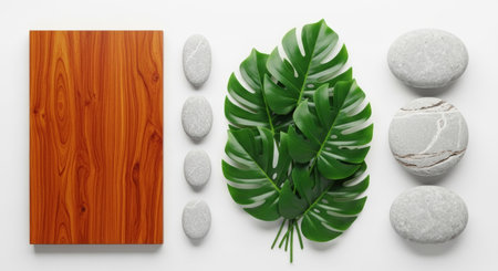 A minimalist, high-angle shot showcases a wooden surface, smooth grey stones, and vibrant green Monstera leaves arranged on a clean white background.の素材