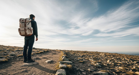 A lone hiker stands on a rocky path, gazing at a vast, cloud-streaked sky. The image evokes a sense of adventure, freedom, and exploration.の素材