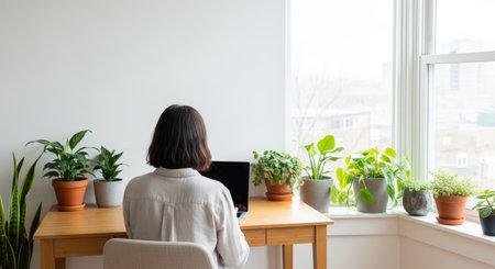 Back view of young woman working at home with laptop and plants.の素材