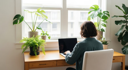 Back view of young woman working on laptop while sitting at desk in officeの素材