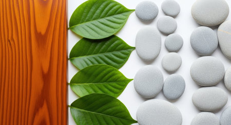 Spa stones with green leaves on white background. Spa concept.の素材