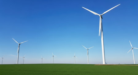 A scenic view of wind turbines standing tall in a green field under a clear, bright blue sky.の素材