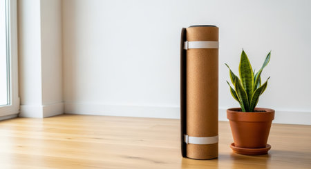A rolled-up yoga mat secured with white straps stands beside a potted snake plant on a wooden floor. The scene is bathed in natural light, creating a clean, minimalist aesthetic.の素材