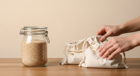 A glass jar filled with quinoa sits beside two cloth bags. Hands are opening one bag. The scene is set on a wooden surface with a neutral background, promoting sustainable food storage.の素材