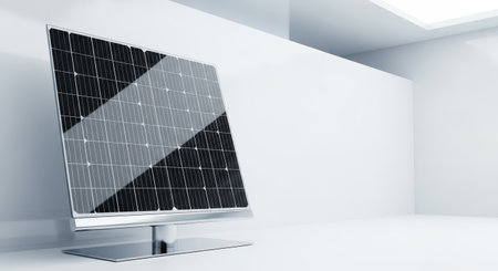 A modern solar panel stands elegantly in a bright, minimalist white room. The panel is mounted on a sleek, reflective stand, showcasing renewable energy in a clean, contemporary setting.の素材