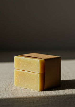 Two bars of handmade soap, wrapped in brown paper, are stacked on a textured fabric surface, bathed in warm, directional sunlight creating strong shadows.の素材