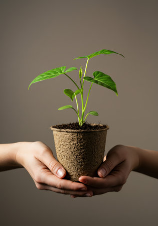 Close-up of hands holding a small anthurium seedling in a textured brown pot against a soft grey background, symbolizing growth, care, and environmental awareness.の素材
