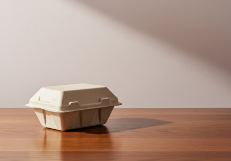 A single, closed, eco-friendly takeout container sits on a polished wooden surface, bathed in soft, directional light.の素材