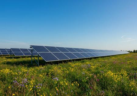 solar energy panels in a meadow with flowers and blue skyの素材