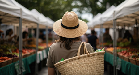 Back view of a woman with straw hat and woven basket shopping at a vibrant farmers market, filled with fresh produce and bustling with activity.の素材