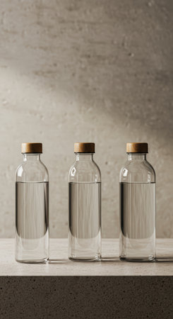 Three clear glass water bottles with wooden lids stand in a row on a concrete surface against a textured gray wall, creating a minimalist and clean aesthetic.の素材