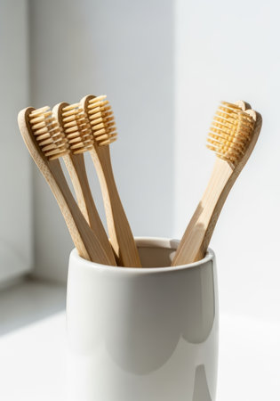 Four bamboo toothbrushes stand in a ceramic holder, bathed in soft, natural light. A minimalist still life emphasizing sustainable oral hygiene and eco-conscious living.の素材