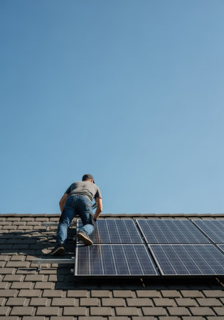 A technician installs solar panels on a rooftop under a clear blue sky. The image captures the process of renewable energy installation, showcasing the worker's actions and the panels' placement.の素材