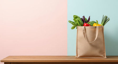 A reusable shopping bag overflowing with fresh, colorful vegetables sits on a wooden table. The background is split into pastel pink and blue sections.の素材