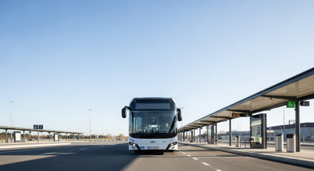 A modern electric bus is parked at a bus stop on a sunny day. The image showcases clean transportation, sustainable mobility, and a clear blue sky.の素材