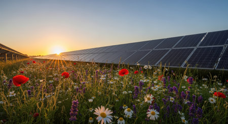 A vibrant sunset bathes a field of wildflowers and solar panels in golden light. The image captures the beauty of nature coexisting with renewable energy, symbolizing sustainability.の素材